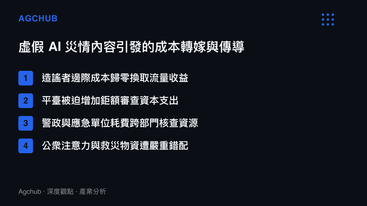清單圖卡列出虛假災情內容從生產到傳播過程中，對平臺、執法部門與社會公衆造成的四項成本轉嫁與資源損耗