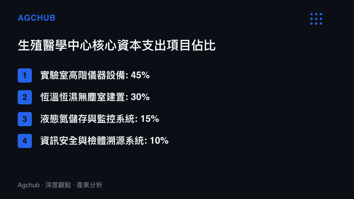 生殖醫學中心核心資本支出結構比例分配圖，包含實驗室儀器與無塵室建置等四大項目