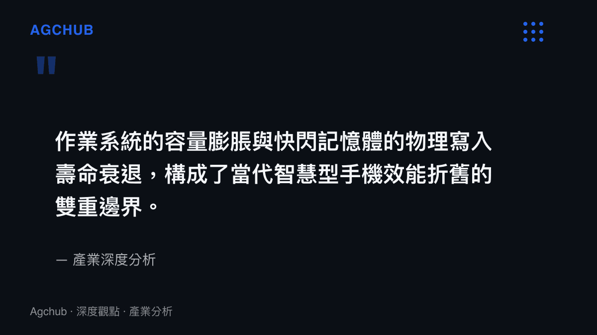 引言圖卡指出作業系統膨脹與快閃記憶體衰退是手機效能折舊的雙重邊界