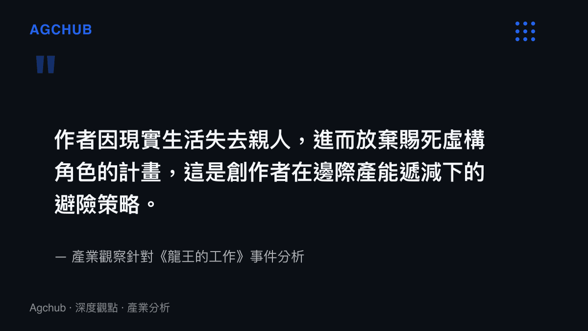 作者因現實生活失去親人，進而放棄賜死虛構角色的計畫，這是創作者在邊際產能遞減下的避險策略。