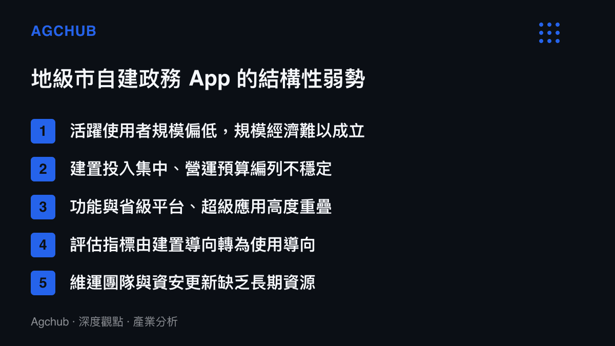 地級市自建政務應用的五項結構性弱勢條列圖卡