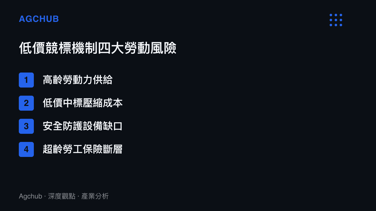環衛外包低價競標機制下的四大勞動結構風險列表，涵蓋高齡勞工、低價競標、安全防護缺口與保險理賠困境。