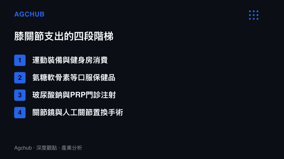 清單圖列出膝關節相關支出的四段階梯，從跑鞋與健身房、氨糖保健品、門診注射到人工關節置換手術，單價逐級上升