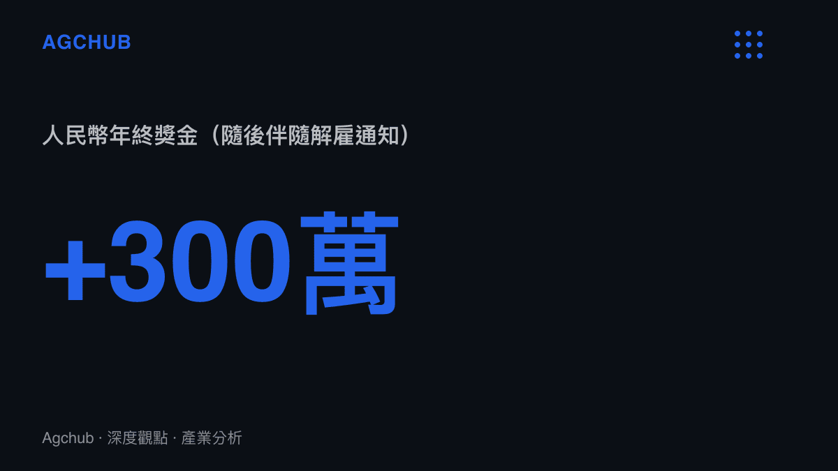 統計數據圖卡呈現高達三百萬人民幣的年終獎金數額，以此對比隨後收到的解僱通知，凸顯勞動定價的極端落差。
