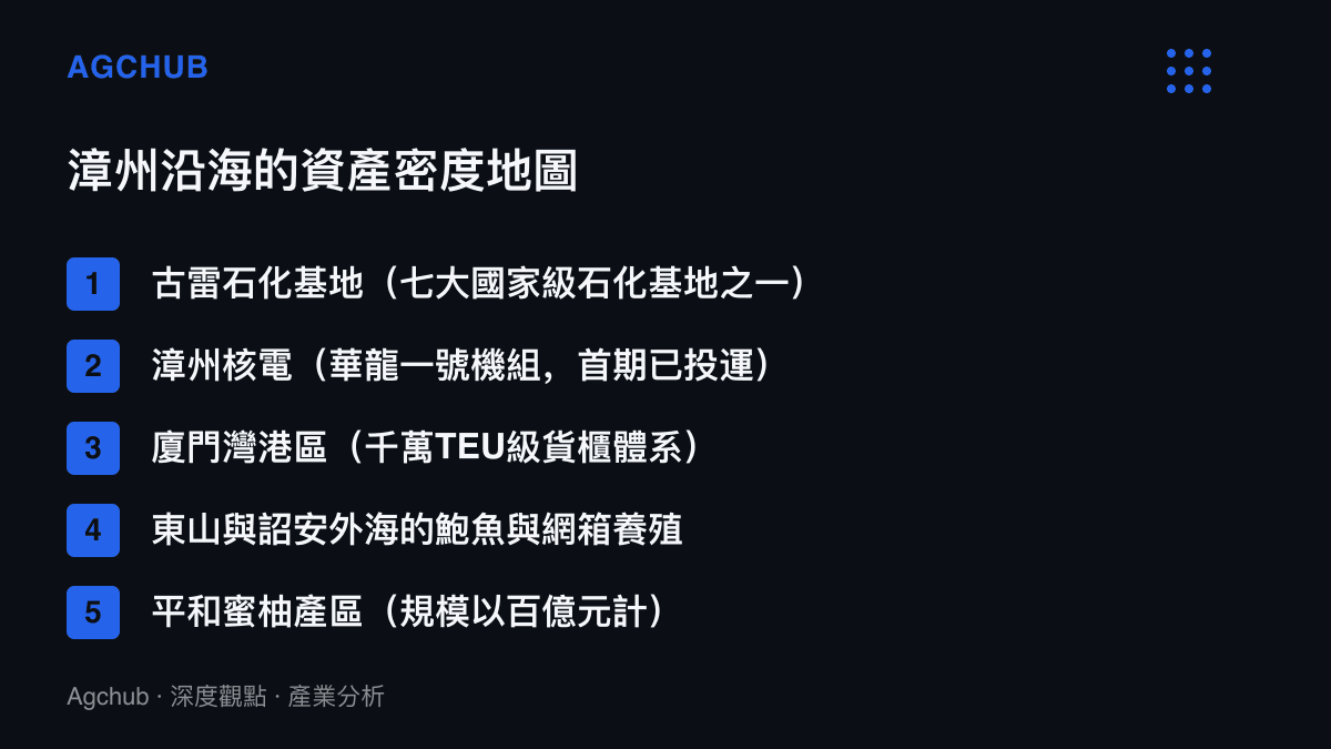 清單圖列舉颱風登陸點漳州沿海的五類高密度產業資產，包括古雷石化基地、漳州核電、廈門灣港區、東山詔安養殖海域與平和蜜柚產區